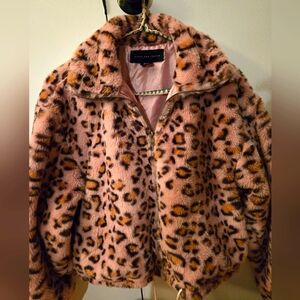 Know One Cares pink leopard print faux fur jacket